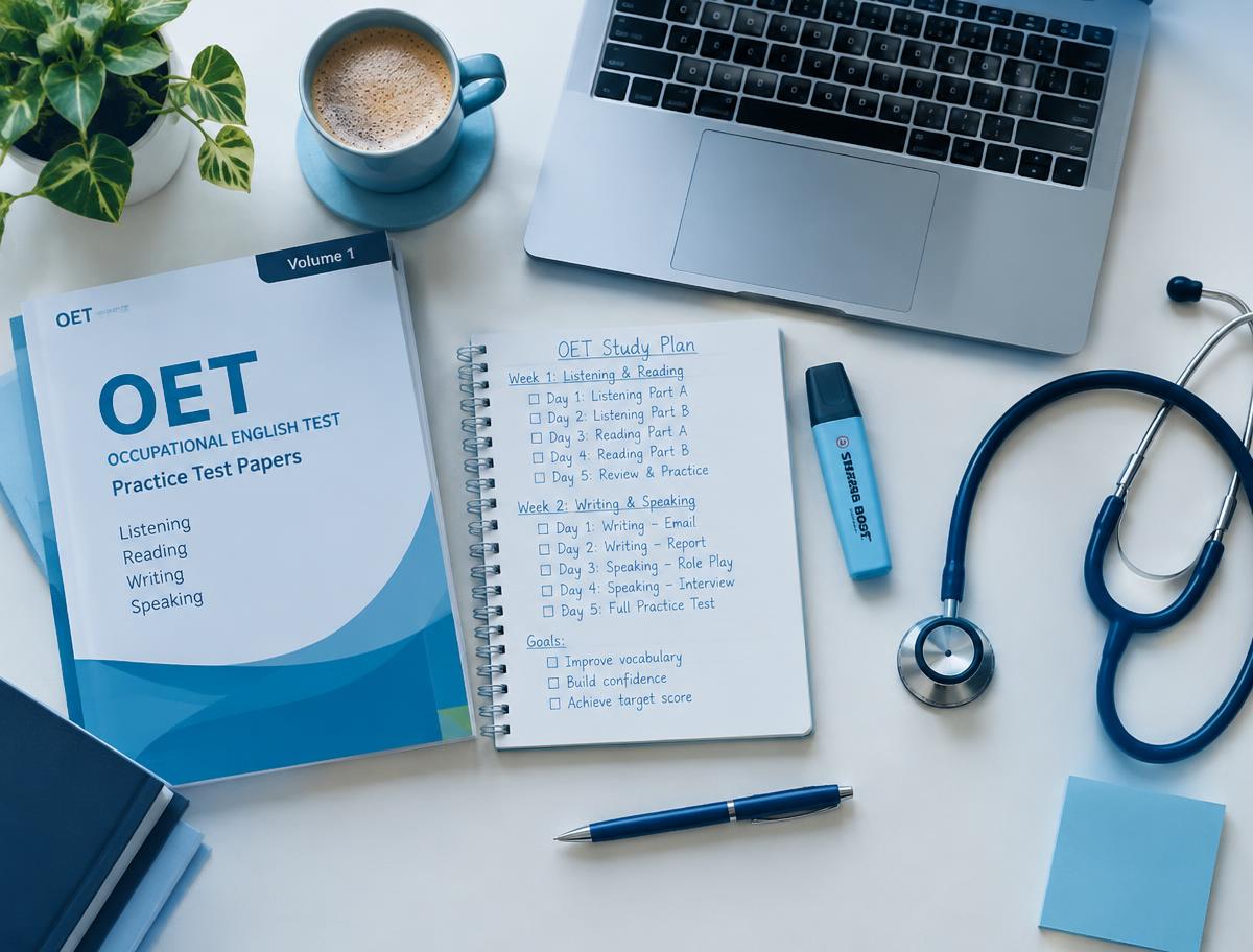 OET practice papers and a study plan on a desk