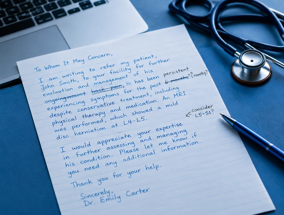 Healthcare letter with corrections in blue pen