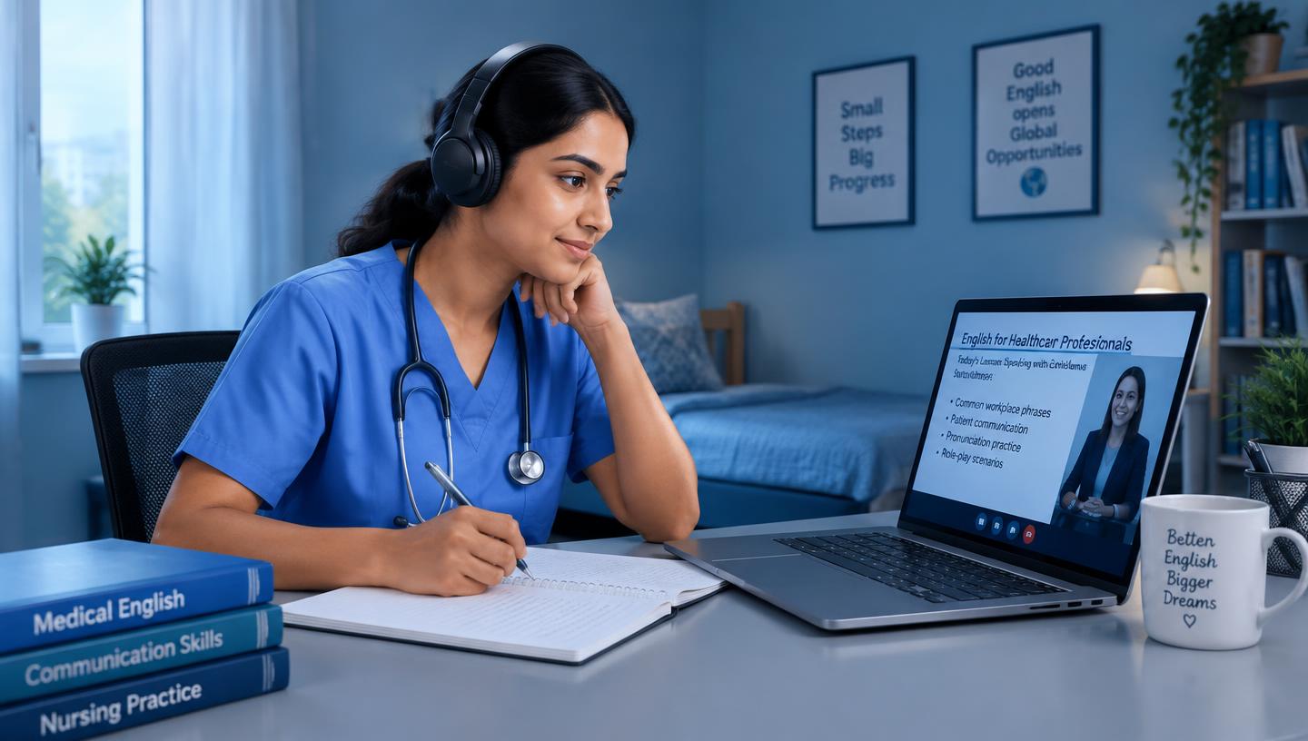 Healthcare professional practising with headphones
